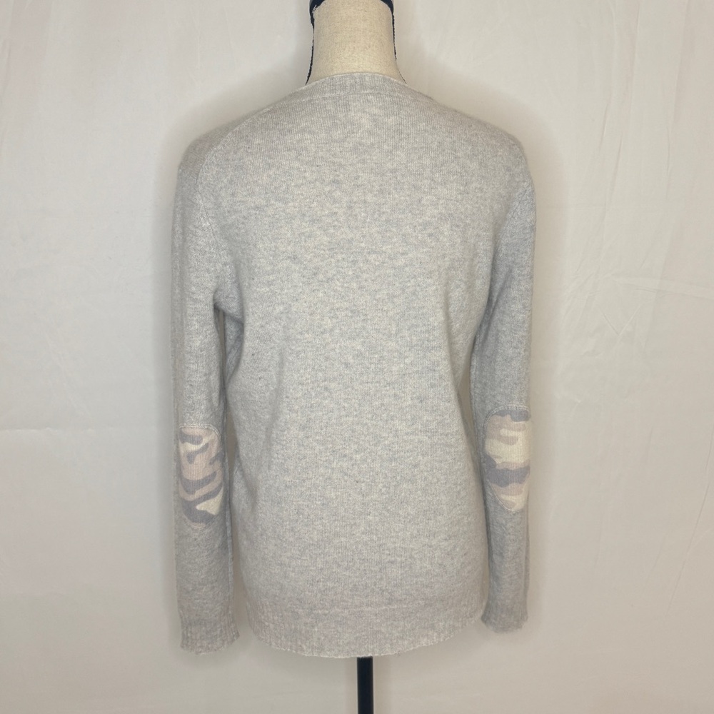 Boo Gemes Grey Cashmere Sweater with Pink Camo Elbow Patches